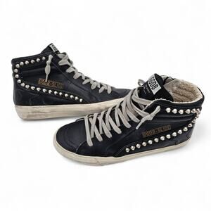 Golden Goose Slide Studded High Top Zip Up Sneaker Black Leather Size 37 US 7